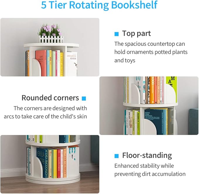 Nisorpa 5 Tier Rotating Bookshelf, 360° Revolving Bookcase Rotating Stackable Shelves Floor-Standing Storage Display Rack Used in Bedrooms Living Rooms Study Office (63"x18"x18") - LeafyLoom