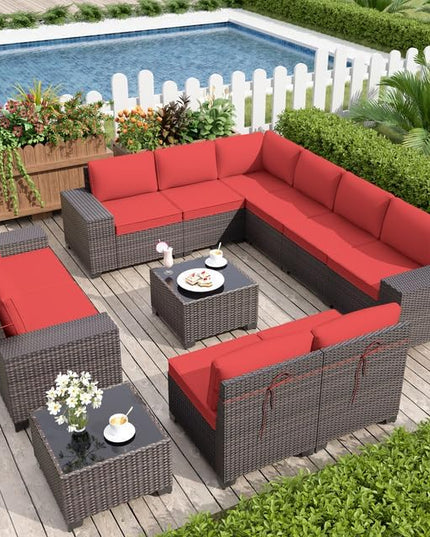 Patio Furniture Set Sofa 12-Pieces Wicker Sectional Sofa Set, Outdoor Furniture Rattan Patio Conversation Set with Thickened Cushions and Glass Coffee Tables, Red - LeafyLoom