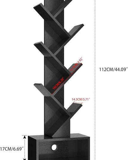 YMYNY 6 Tier Tree Bookshelf, Tall Bookcase, Wood Book Storage Rack with Drawer, Modern Floor Standing Book Shelf for Books/Movies/CDs, Utility Organizer for Living Room, Home Office, Black UHBC016B - LeafyLoom