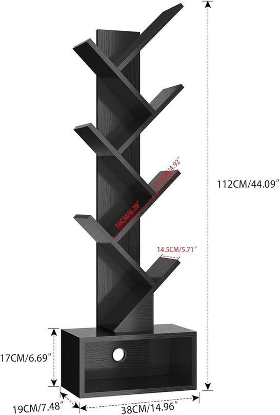YMYNY 6 Tier Tree Bookshelf, Tall Bookcase, Wood Book Storage Rack with Drawer, Modern Floor Standing Book Shelf for Books/Movies/CDs, Utility Organizer for Living Room, Home Office, Black UHBC016B - LeafyLoom