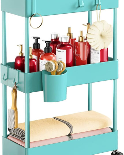 Pipishell Slim Storage Cart with Wheels, Bathroom Cart Organizer Bathroom Storage Small, Rolling Cart for Bathroom, Laundry Room, Kitchen, Narrow Space, Turquoise PIUC04TB - LeafyLoom
