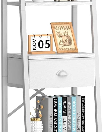 Furologee 5 Tier BookShelf, Ladder Shelf with Drawer, Tall Bookcase Corner Shelf, Narrow Shelf Industrial Display Standing Units for Home Office, Living Room, Bedroom, Kitchen, White - LeafyLoom