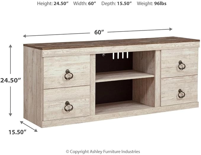 Signature Design by Ashley Willowton Shabby Chic Large TV Stand up to 60" with 3 Shelves and Fireplace Option, White - LeafyLoom