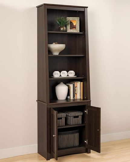PREPAC Espresso Tall Slant-Back Bookcase with 2 Shaker Doors - LeafyLoom