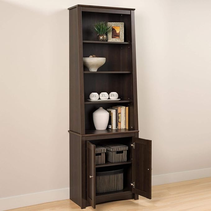PREPAC Espresso Tall Slant-Back Bookcase with 2 Shaker Doors - LeafyLoom