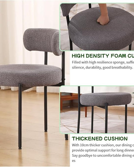 EDWELL Boucle Dining Chairs Set of 6, Modern Upholstered Dining Room Chairs with Black Metal Legs, Dark Grey Curved Backrest Kitchen Chair for Dining Room, Living Room - LeafyLoom