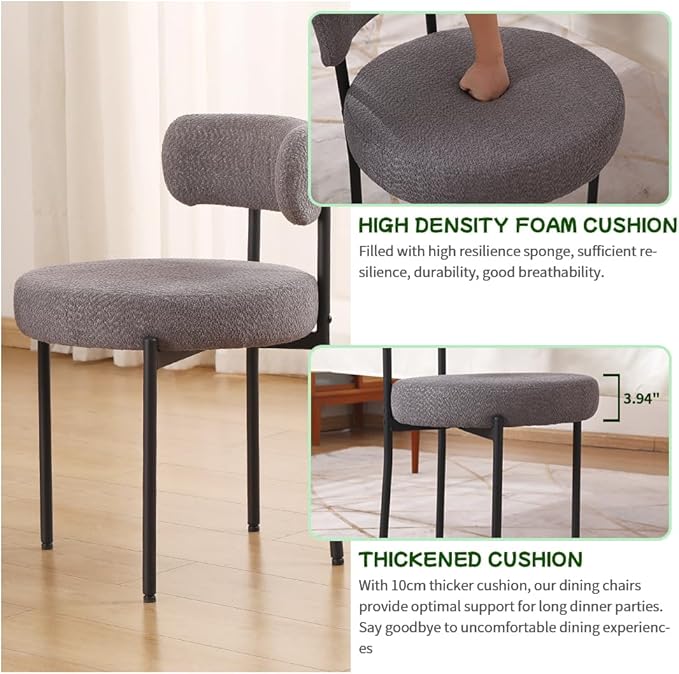 EDWELL Boucle Dining Chairs Set of 6, Modern Upholstered Dining Room Chairs with Black Metal Legs, Dark Grey Curved Backrest Kitchen Chair for Dining Room, Living Room - LeafyLoom