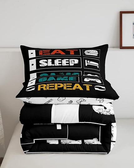 Gamer Comforter Set Full Gaming Bedding Set for Boys Teens Girls Kids Video Games Controller Comforter Funny Creative Eat Sleep Game Repeat Design Reversible Down Comforter for All Season Room Decor - LeafyLoom