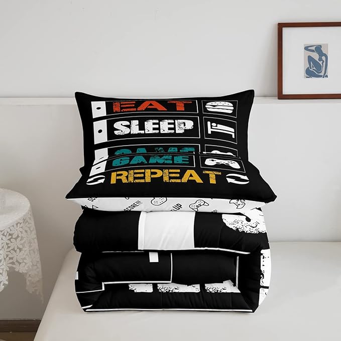 Gamer Comforter Set Full Gaming Bedding Set for Boys Teens Girls Kids Video Games Controller Comforter Funny Creative Eat Sleep Game Repeat Design Reversible Down Comforter for All Season Room Decor - LeafyLoom