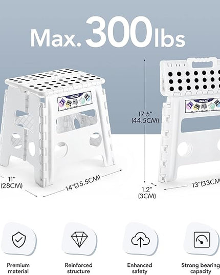 Delxo 13" Folding Step Stool for Kids and Adults, Non-Slip Foldable Step Stools with Handle,Plastic Portable Folding Stool for Bathroom,Bedroom,Kitchen,Hold up to 300lbs White - LeafyLoom