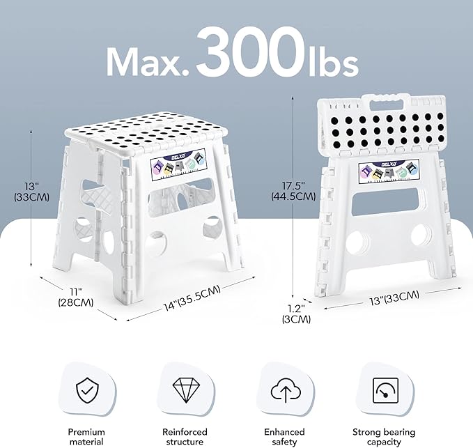 Delxo 13" Folding Step Stool for Kids and Adults, Non-Slip Foldable Step Stools with Handle,Plastic Portable Folding Stool for Bathroom,Bedroom,Kitchen,Hold up to 300lbs White - LeafyLoom