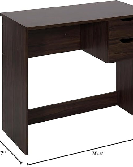 Home Office Computer Desk, 35.4" Study Writing Table, with 2 Storage Drawers, Mid Century Modern Teen Student Table for Small Spaces, Walnut - LeafyLoom