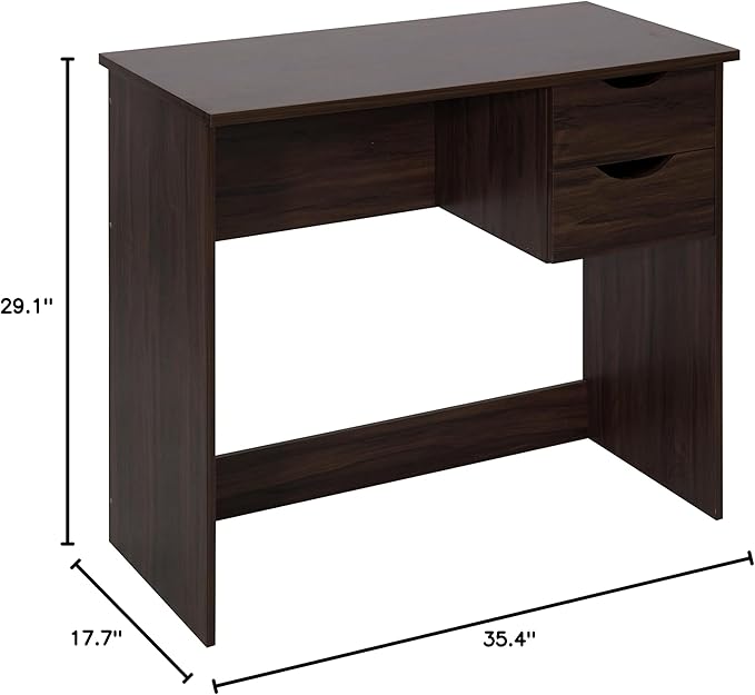 Home Office Computer Desk, 35.4" Study Writing Table, with 2 Storage Drawers, Mid Century Modern Teen Student Table for Small Spaces, Walnut - LeafyLoom