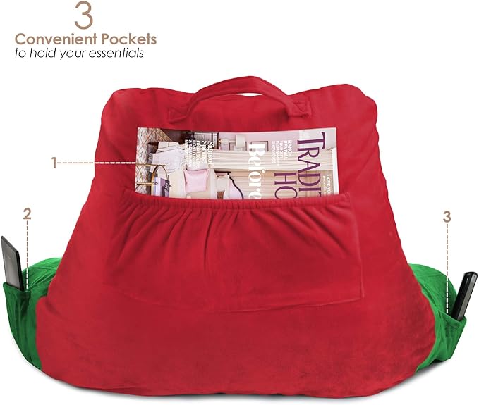 Clara Clark Reading Pillow for Kids, Small Back Pillow for Sitting Up in Bed, Memory Foam Back Support Pillow, Reading Pillows for Sitting in Bed, Holiday Color Gaming Pillow with Arms and Pockets - LeafyLoom