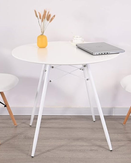 White Round Dining Table Round Table Dia 31.5" Wood Top Metal Legs Simple Modern Kitchen Table for 2 to 4 People Small Place Cafe Office Conference - LeafyLoom