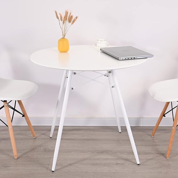 White Round Dining Table Round Table Dia 31.5" Wood Top Metal Legs Simple Modern Kitchen Table for 2 to 4 People Small Place Cafe Office Conference - LeafyLoom