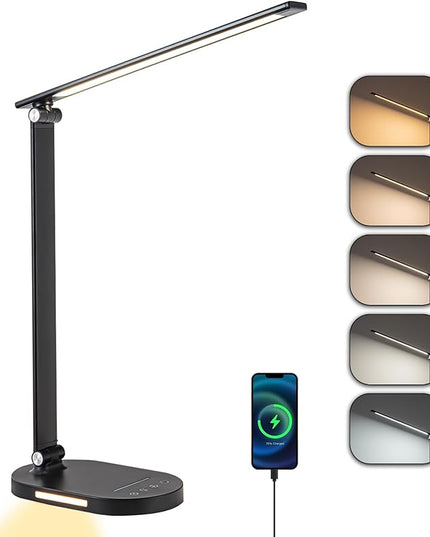 LED Desk Lamp for Home Office, Dimmable Table Lamp with USB Charging Port, 5 Lighting Modes, Sensitive Control, 60 Minutes Auto-Off Timer, Eye-Caring Office Lamp(Black) - LeafyLoom