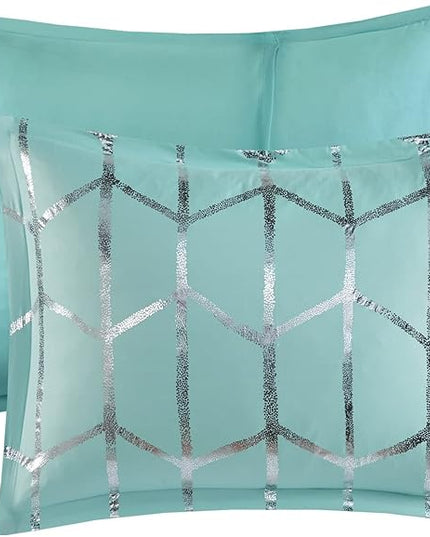 Intelligent Design Raina Full / Queen Comforter Set, Soft Microfiber Comforter Set Queen, Modern Geometric Metallic Bed Set, 5 Pieces College Bedding Comforter Set with 2 Shams, 2 Toss Pillows Aqua - LeafyLoom