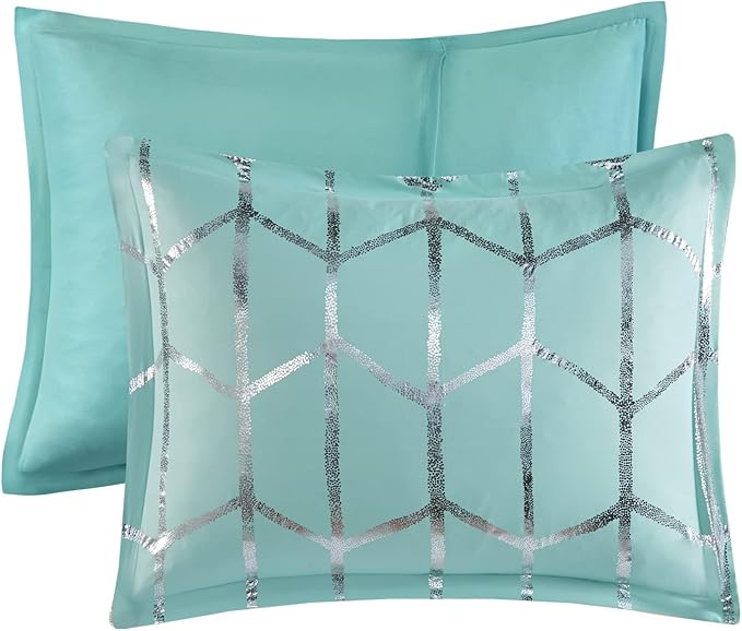 Intelligent Design Raina Full / Queen Comforter Set, Soft Microfiber Comforter Set Queen, Modern Geometric Metallic Bed Set, 5 Pieces College Bedding Comforter Set with 2 Shams, 2 Toss Pillows Aqua - LeafyLoom