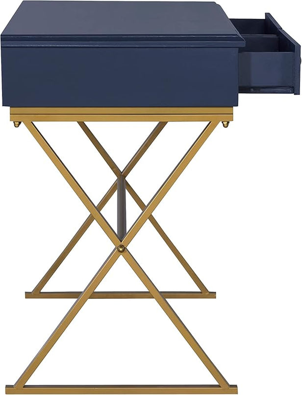 Linon Campaign Desk Navy with Gold Legs, Blue - LeafyLoom