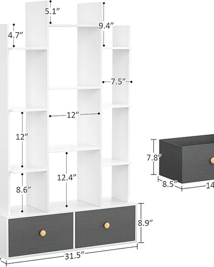 Unikito Bookshelf with 2 Drawers Free Standing Bookcase, Office Storage Shelf Organizer with 12 Open Bookshelves, Industrial Wood Book Case Display Rack for Bedroom, Living Room, Home Office, White - LeafyLoom