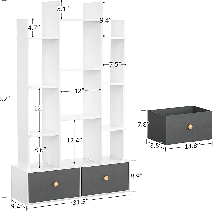 Unikito Bookshelf with 2 Drawers Free Standing Bookcase, Office Storage Shelf Organizer with 12 Open Bookshelves, Industrial Wood Book Case Display Rack for Bedroom, Living Room, Home Office, White - LeafyLoom