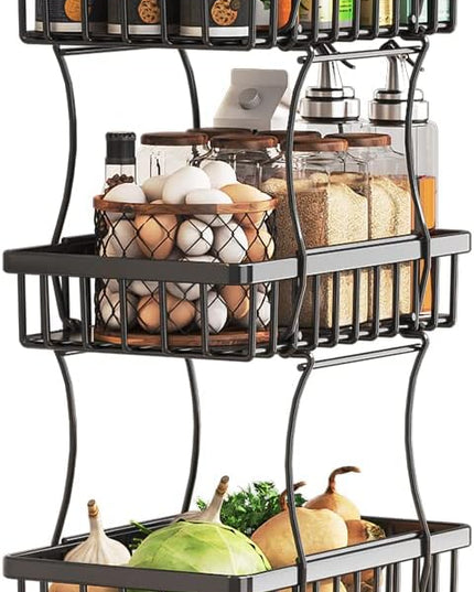 Wisdom Star 5 Tier Fruit Vegetable Basket for Kitchen, Fruit Vegetable Storage Cart, Vegetable Basket Bins, Wire Storage Basket Organizer Utility Cart with Wheels, Medium, Black - LeafyLoom