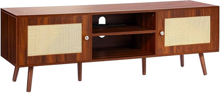 VEVOR Rattan TV Stand, Mid Century Modern TV Stand for 65 inch TV, Boho Rattan TV Cabinet with Build-in Socket and USB Ports, Adjustable Shelfs for Living Room, Media Room, Walnut - LeafyLoom