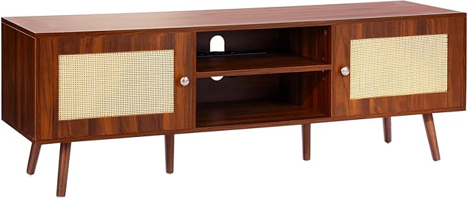 VEVOR Rattan TV Stand, Mid Century Modern TV Stand for 65 inch TV, Boho Rattan TV Cabinet with Build-in Socket and USB Ports, Adjustable Shelfs for Living Room, Media Room, Walnut - LeafyLoom