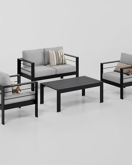 Wisteria Lane 4-Piece Aluminum Patio Furniture Set, Outdoor Furniture with Coffee Table, Metal Sofa Set for Deck, Porch, Balcony, Indoor, Black Frame & Light Grey Cushion - LeafyLoom