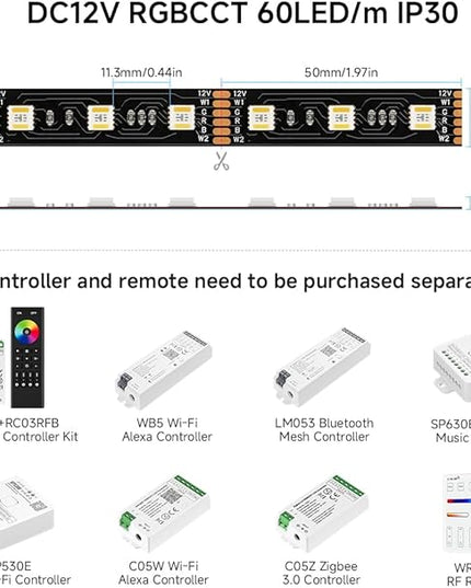 BTF-LIGHTING RGBCCT 5 Colors in 1 LED 5050SMD RGBWW RGB+Dimmable Tunable Color Temperature 2700K-6500K 16.4ft 60LEDs/m 300LEDs DC12V Multi-Colored Lights IP30 for Decoration(No Adapter or Controller) BTF-LIGHTING