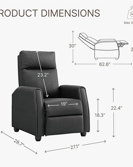 Recliner Chair for Adults PU Leather Push Back Armchair with 4 Colors Ambient Lighting Home Theater Seating with Massage & Heat Vibration Single Sofa for Living Room, Black - LeafyLoom