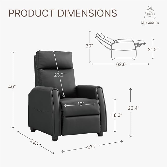 Recliner Chair for Adults PU Leather Push Back Armchair with 4 Colors Ambient Lighting Home Theater Seating with Massage & Heat Vibration Single Sofa for Living Room, Black - LeafyLoom