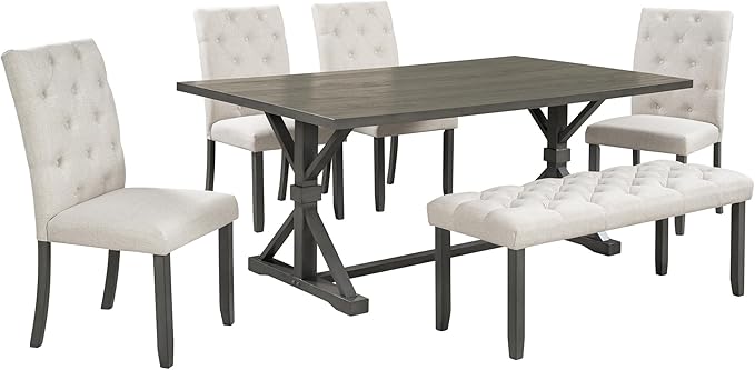 RITSU 6 Piece Kitchen Dining, 72 inch Wooden Rectangular Table with 4 Upholstered Chairs & a Bench, Modern Dinette Sets for 6 People, Living Room Furniture, Gray-1 - LeafyLoom
