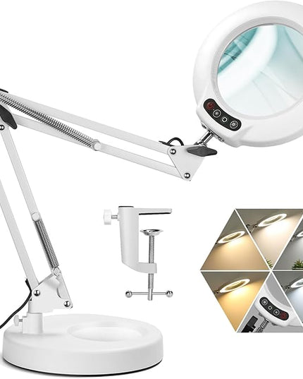 Veemagni 10X Magnifying Glass with Light, 5 Color Modes Stepless Dimmable 2-in-1 Desk Lamp and Clamp, LED Lighted Magnifier with Light and Stand, Hands Free for Craft Hobby Painting Close Work - White - LeafyLoom