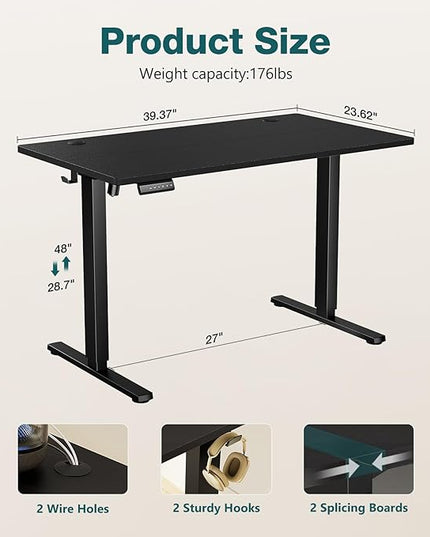 SMUG Standing Desk, Adjustable Height Electric Sit Stand Up Down Computer Table, 40x24 Inch Ergonomic Rising Desks for Work Office Home, Modern Lift Motorized Desktop Workstation, Black - LeafyLoom