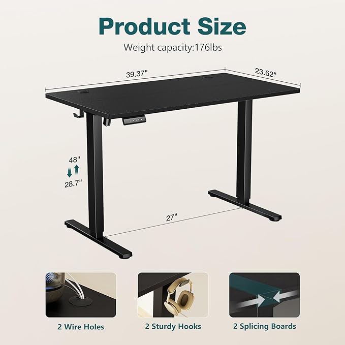 SMUG Standing Desk, Adjustable Height Electric Sit Stand Up Down Computer Table, 40x24 Inch Ergonomic Rising Desks for Work Office Home, Modern Lift Motorized Desktop Workstation, Black - LeafyLoom