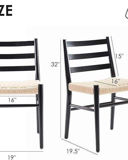 STARY Wood Rattan Dining Room Chairs Comfortable Woven Seat, Fully Assembled, New Black - Set of 2 - LeafyLoom