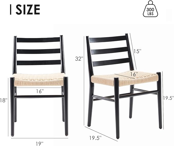 STARY Wood Rattan Dining Room Chairs Comfortable Woven Seat, Fully Assembled, New Black - Set of 2 - LeafyLoom