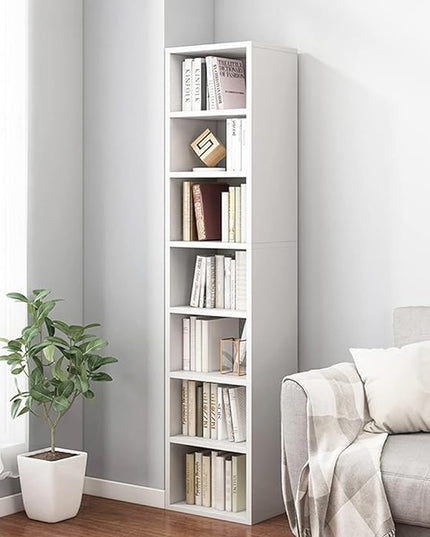 IOTXY Small Narrow Corner Bookcase - 59 Inches Tall Gap Freestanding Storage Cabinet, 7 Lattices Open Shelves Tower Rack, Cubes Bookshelf in White - LeafyLoom