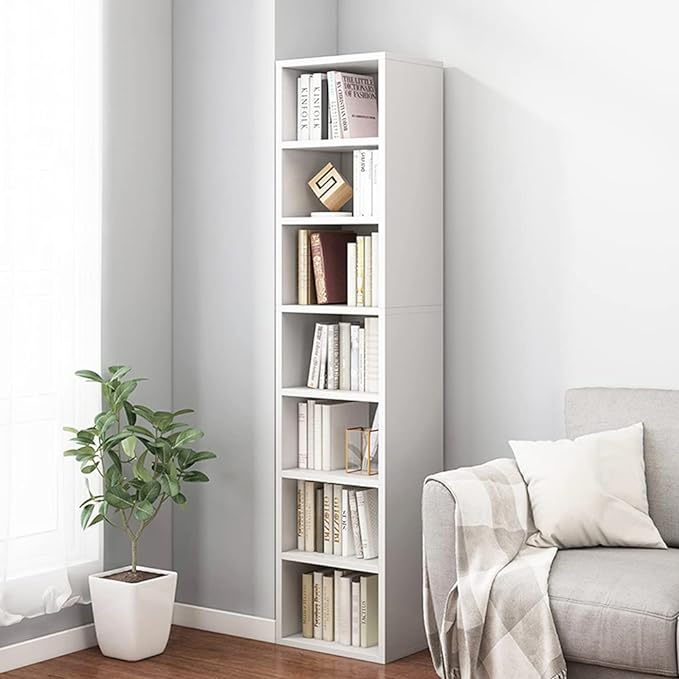 IOTXY Small Narrow Corner Bookcase - 59 Inches Tall Gap Freestanding Storage Cabinet, 7 Lattices Open Shelves Tower Rack, Cubes Bookshelf in White - LeafyLoom