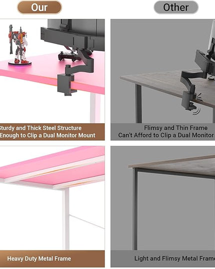 armocity 47 Gaming Computer Desk with LED Lights, Power Outlet and USB, Reversible Laptop Table with Moveable Monitor Stand for Small Spaces, Office, Gaming Room, Pink and White - LeafyLoom