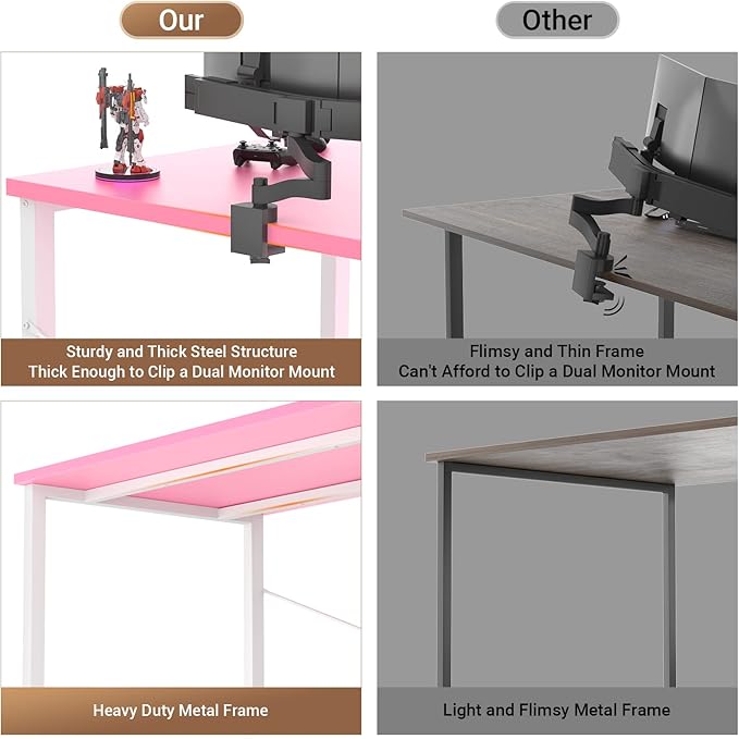armocity 47 Gaming Computer Desk with LED Lights, Power Outlet and USB, Reversible Laptop Table with Moveable Monitor Stand for Small Spaces, Office, Gaming Room, Pink and White - LeafyLoom