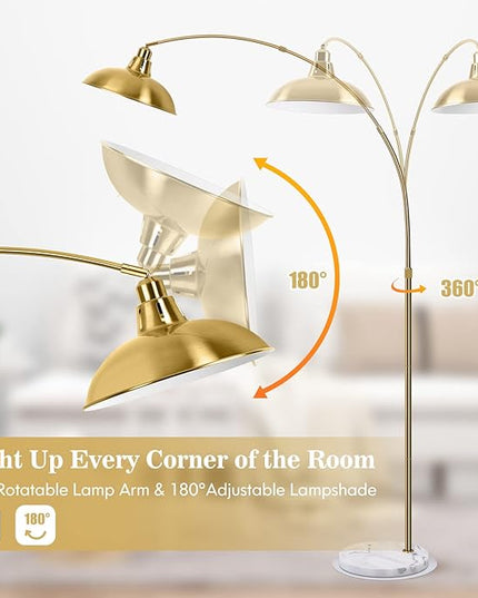 Gold Brass Arc Floor Lamp for Living Room - Mid Century Modern Standing Lamp, Overhanging Floor Lamps, Arch Stand Up Lamp & Floor Light with White Marble Base, Ideal for Bedroom Study Room - LeafyLoom