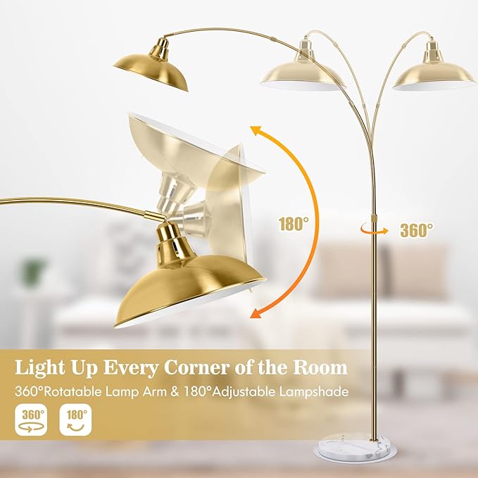 Gold Brass Arc Floor Lamp for Living Room - Mid Century Modern Standing Lamp, Overhanging Floor Lamps, Arch Stand Up Lamp & Floor Light with White Marble Base, Ideal for Bedroom Study Room - LeafyLoom