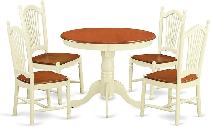 East West Furniture ANDO5-WHI-W Antique 5 Piece Room Furniture Set Includes a Round Kitchen Table with Pedestal and 4 Dining Chairs, 36x36 Inch - LeafyLoom