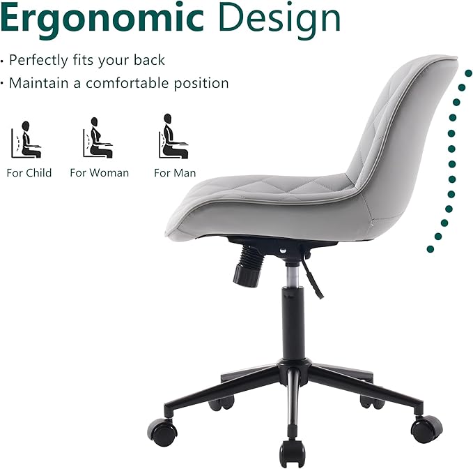YOUNUOKE Comfortable Desk Chair, Home Office Chairs with Wheels, Armless Samll Comfy Vanity Chairs, PU Leather Computer Task Work Desk Chairs, Gery - LeafyLoom
