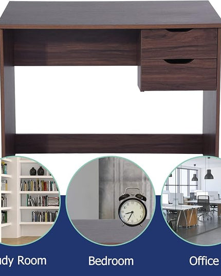 Home Office Computer Desk, 35.4" Small Study Writing Table, with Storage Drawers, Modern Teen Student Adult PC Table Desk, Walnut - LeafyLoom
