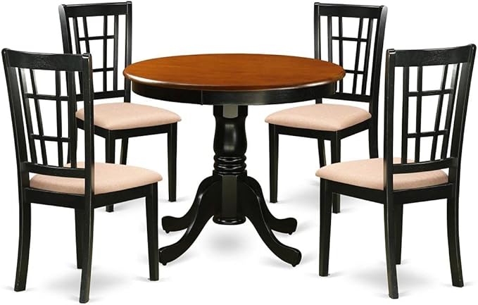 East West Furniture ANNI5-BLK-C 5 Piece Room Set Includes a Round Kitchen Table with Pedestal and 4 Linen Fabric Upholstered Dining Chairs, 36x36 Inch, Black & Cherry - LeafyLoom