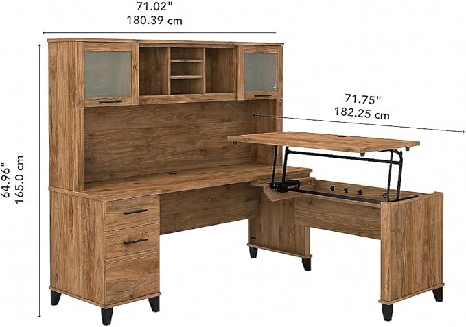 Bush Furniture Somerset 3 Position Sit L Shaped Desk with Hutch | Ergonomic Height Adjustable Standing Computer/Laptop Table for Home Office, 72W, Fresh Walnut - LeafyLoom